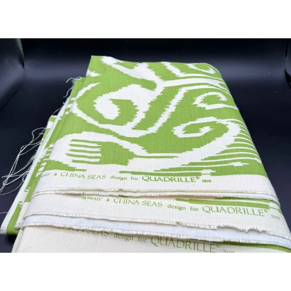 Quadrille Linen Fabric Nomad Green Hand Printed Large Ikat Print